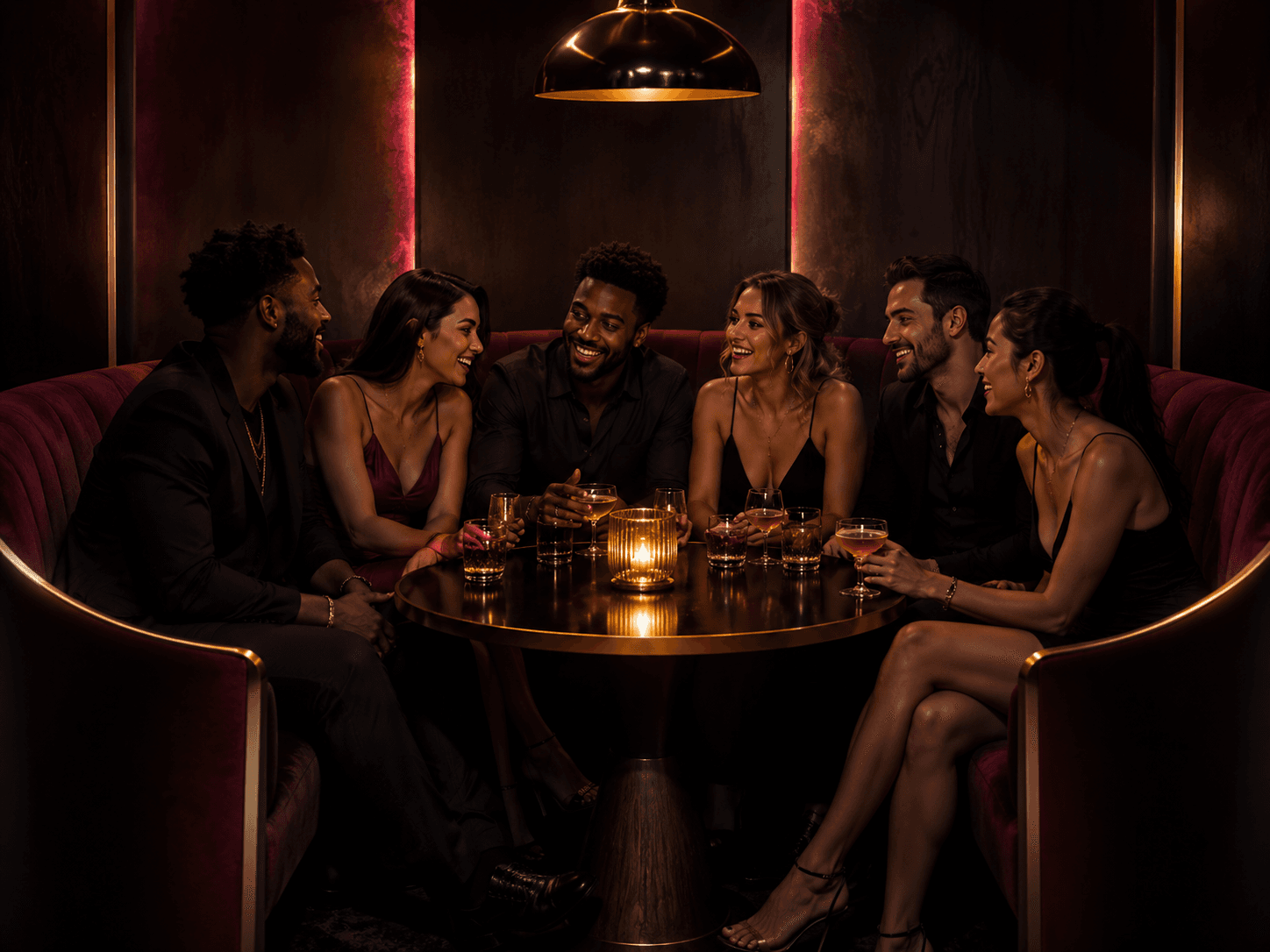 A small group of six gathered around a table in a velvet lounge booth — fictional demo cast, not real Halo & Havoc members